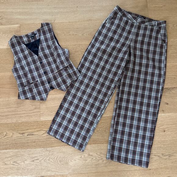 Motel X Olivia Neill Hondra Trousers & Vistana Vest Checks Size S Brown Gray - Picture 1 of 7